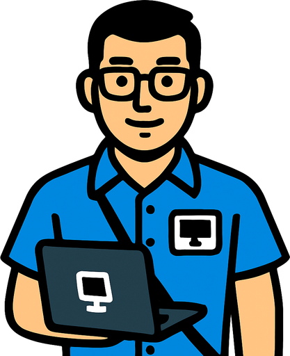 Mavi gömlekli bilgisayar teknikeri personeli.
In-Game asset.  2d.  High contrast.  No shadows