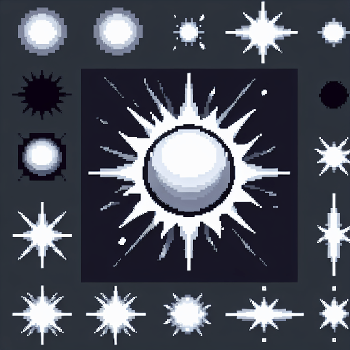 Glowing white dot with spike sprite sheet.
Single Game Texture. In-Game asset. 2d. Blank background. High contrast. No shadows.