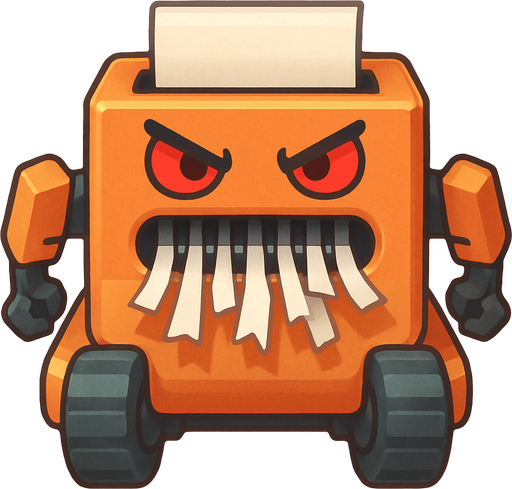 An aggressive mobile paper shredder robot. Viewed from a straight angle right in front. Cute soft graphics. soft ambient light. semi-matte to satin surfaces. naturalistic with slight saturation boost colors. 
In-Game asset.  2d.  High contrast.  No shadows. top down.