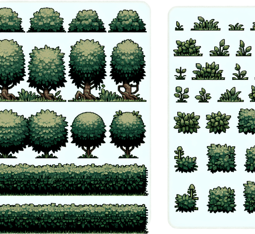A spritesheet in sideperspective showing various low dull green hedges and bushy foliage for a platformer game. semi detailed game illustration style. medieval. muted colors..
Single Game Texture. In-Game asset. 2d. Blank background. High contrast. No shadows.