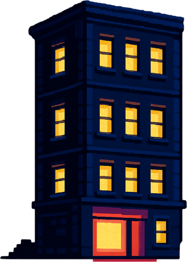 un edificio pixel art por la noche.
In-Game asset.  2d.  High contrast.  No shadows