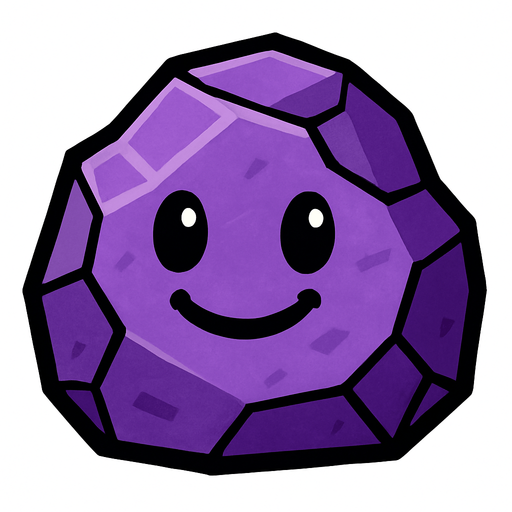 Genera una imagen de una roca morada sonriente.
In-Game asset.  2d.  High contrast.  No shadows