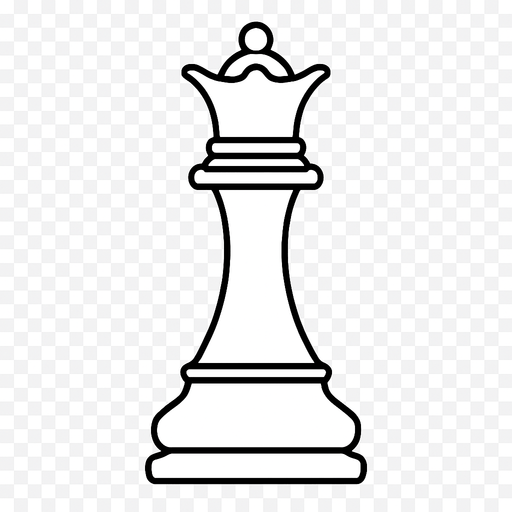 Create a refined and graceful white queen chess piece image with a transparent background. It should have clear black outlines and a classic design, easily distinguishable from other pieces. The style must fit a minimalist black-and-white chessboard. Output as a PNG with transparency..
In-Game asset.  2d.  High contrast.  No shadows