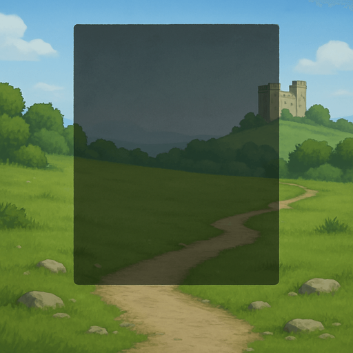 Gerçek hayata yakın bir menü arka planı istiyorum. Yeşil doğa, çimenlikler ve taş yollar olsun. Uzakta bir kale ya da yapı görünsün. Gökyüzü mavi ve açık olsun, hava gündüz gibi. Renkler doğal tonlarda olsun, altın veya süslü detaylar olmasın. Arka plan sade ve huzurlu bir ortam sunsun, ortası menü için boş ve hafif koyu olabilir..
In-Game asset.  2d.  High contrast.  No shadows