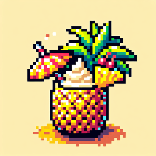 cartoon/8-bit. piña colada in a pinaple..
Single Game Texture. In-Game asset. 2d. Blank background. High contrast. No shadows.