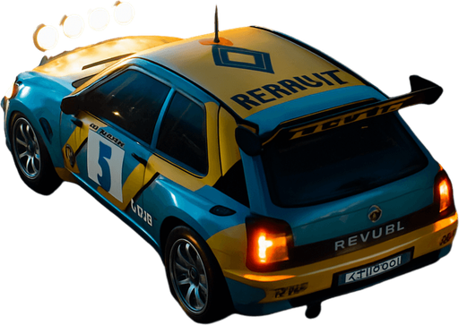 Photorealistic RENAULT Rallycar in nightlight, drone topview from back and 45 degrees angle in top right corner.
