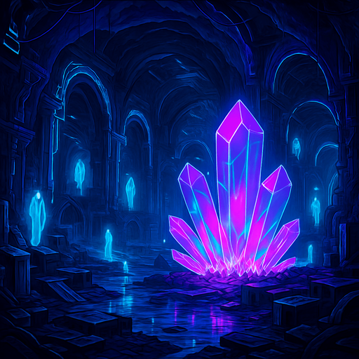 Neon cyberpunk manga subterranean underground tunnels crystal caverns glowing huge ancient technology ruins futurustic underworld holograms spirits projections magical dimension cave background image deep caverns majestic background scene landscape tech purgatory catacombs maze