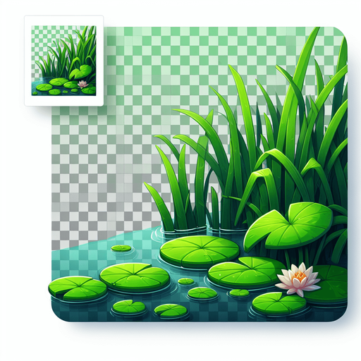 Green reeds with Lilly pad.
Single Game Texture.  In-Game asset.  2d.  Blank background.  High contrast.  No shadows