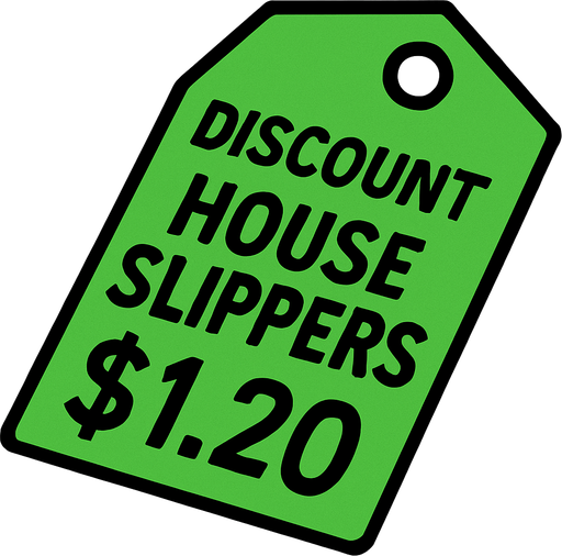 green price tag that says discount house slippers $1.20.
In-Game asset.  2d.  High contrast.  No shadows