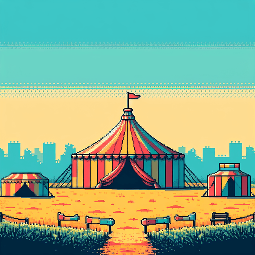 8 bit colorfull image about anime image of circus tent at city field.
Single Game Texture.  In-Game asset.  2d.  Blank background.  High contrast.  No shadows
