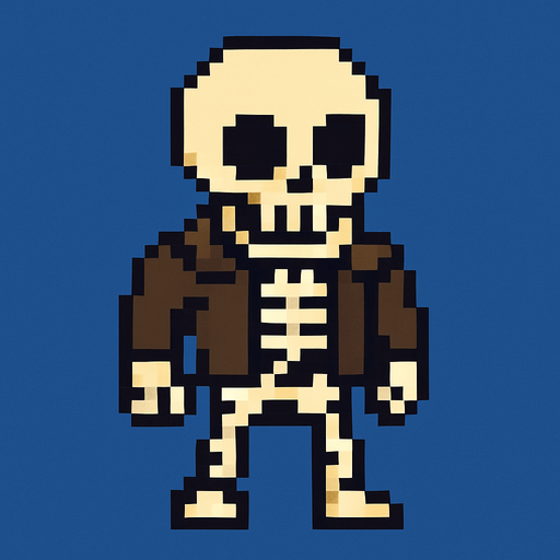 2d pixelart skeleton with jacket.
In-Game asset.  2d.  High contrast.  No shadows