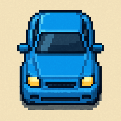 Pixel art mavi araba kuş bakışı.
In-Game asset.  2d.  High contrast.  No shadows