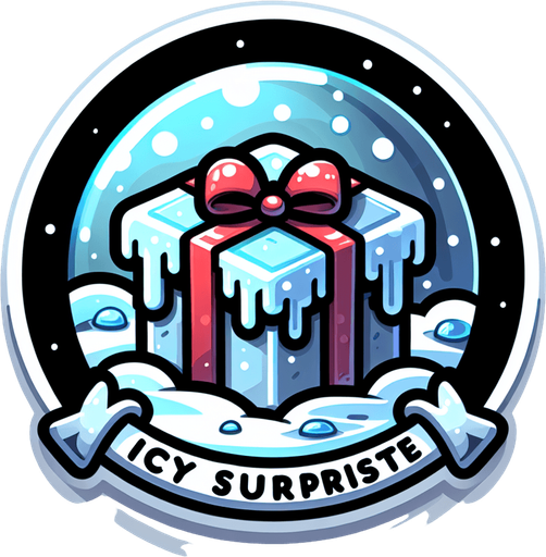 Icon for a froozen christmas present, on a circle, with the text „icy Surprise“ at top, cartoon Single Game Texture. In-Game asset. 2d. Blank background. High contrast. No shadows.