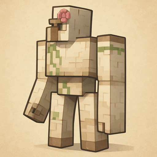 Minecraft iron golem facing left with a pink flower on his forehead. Full body.
2d. Cool.
