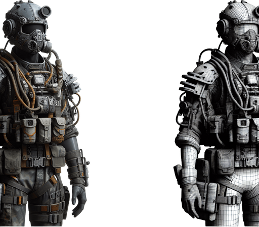 A humans who traveled through time came from World War 3.
Single Game Texture. In-Game asset. 2d. Blank background. High contrast. No shadows.