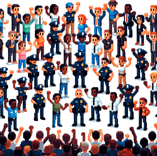 8-bit crowd of police and others cheer.
Single Game Texture. In-Game asset. 2d. Blank background. High contrast. No shadows.
