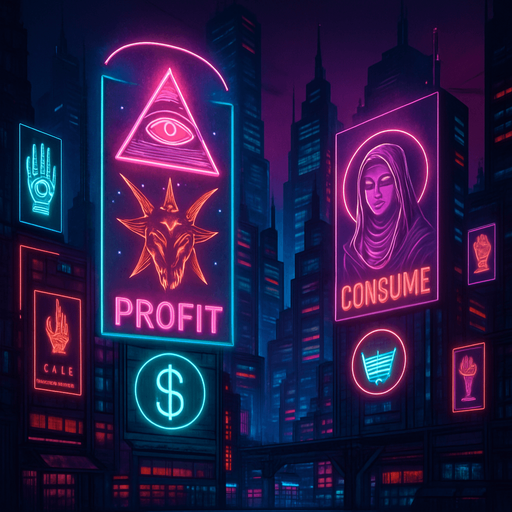 cyberpunk neon anime metropolis skyline holograms billboards, occult-capitalism-consumerism imagery nighttime futuristic architecture glow