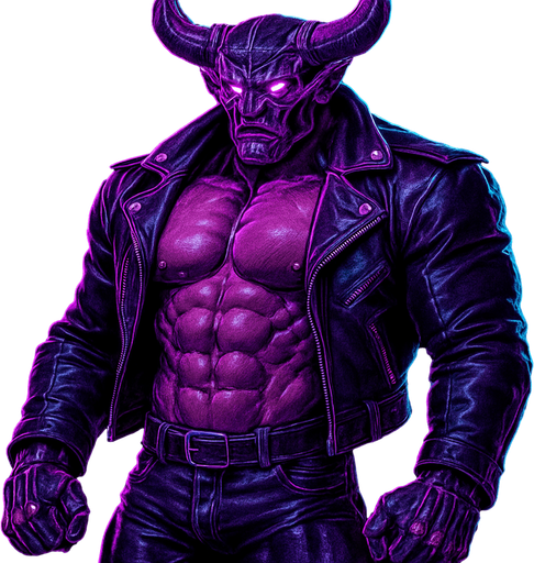Demon robot Black leather biker jacket longsleeves shirtless muscles pecs abs hunky demon cyborg robot mecha cyberpunk neon manga futuristic monster stud beefcake