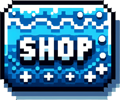 Water themed gui icon that has the text "Shop" on it. 8-bit art style..
Single Game Texture. In-Game asset. 2d. Blank background. High contrast. No shadows.