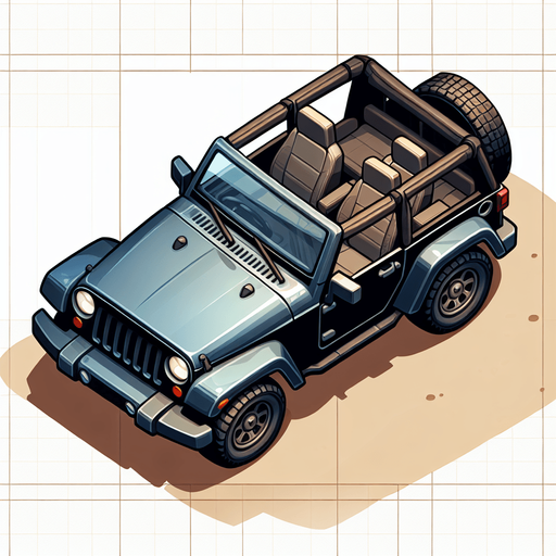 Jeep car cartoony, top down view.
Single Game Texture. In-Game asset. 2d. Blank background. High contrast. No shadows.
