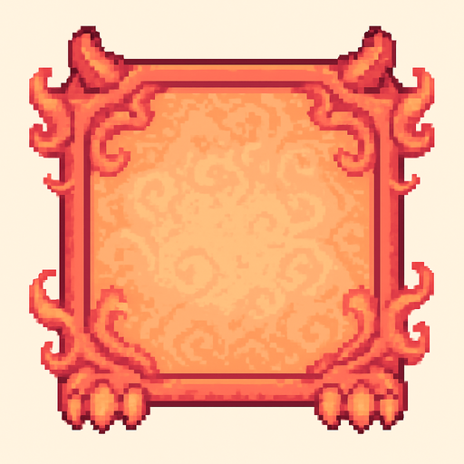 A square pixel art character selection frame inspired by a cute baby dragon. The frame includes fantasy elements like tiny dragon horns on the top corners, small claws at the bottom, and subtle flame or smoke decorations curling around the edges. The background inside the frame should have a soft and decorative texture, matching the baby dragon theme, using soft red, orange, and golden tones. The character will be placed on top of this frame later, so leave the center visually calm and not too detailed. The frame should be viewed from the front and designed for a 2D game UI..
In-Game asset.  2d.  High contrast.  No shadows. pixel art. front view. fantasy. cute. retro. pastel colors. ui element
