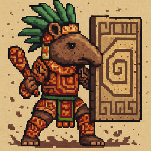 Generame un guerrero azteca con patrones, estilo pixelar, además será un animal Tapir, con efectos de tierra, cargando un gran escudo o muro..
In-Game asset.  2d.  High contrast.  No shadows
