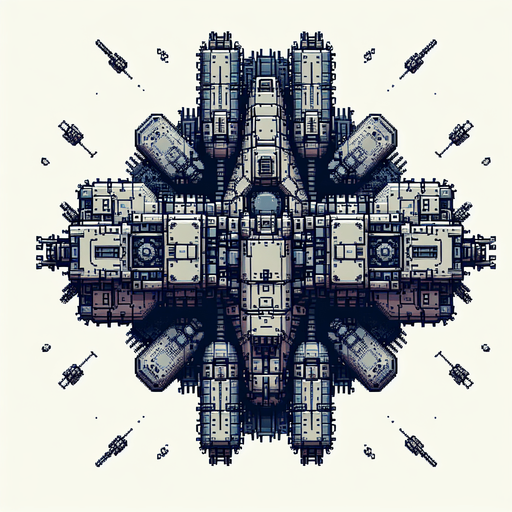 Космолет с оружием и видом с верху.
Single Game Texture. In-Game asset. 2d. Blank background. High contrast. No shadows.