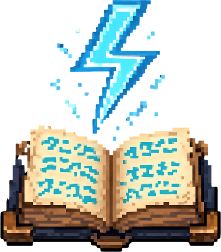 "2D pixel art of a glowing blue lightning bolt symbol emerging from an open magical spellbook. The book has ancient, worn covers and glowing runes on its pages. The lightning symbol floats above the book, made of bright blue magical energy, crackling with small sparks. It glows vividly, suggesting power and electricity. Designed in classic 16-bit fantasy RPG style. Transparent background.".
In-Game asset.  2d.  High contrast.  No shadows