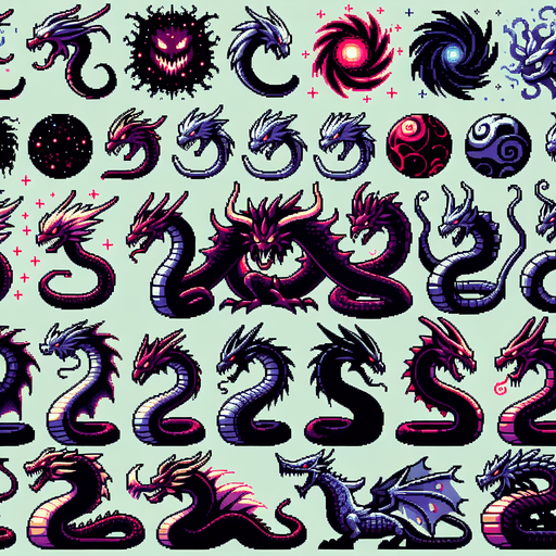 A sprite sheet of evil and dangerous looking outer space dragon serpents, head and body segments..
Single Game Texture. In-Game asset. 2d. Blank background. High contrast. No shadows.