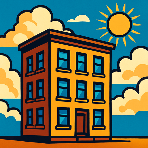 cloudy sunny building background.
In-Game asset.  2d.  High contrast.  No shadows