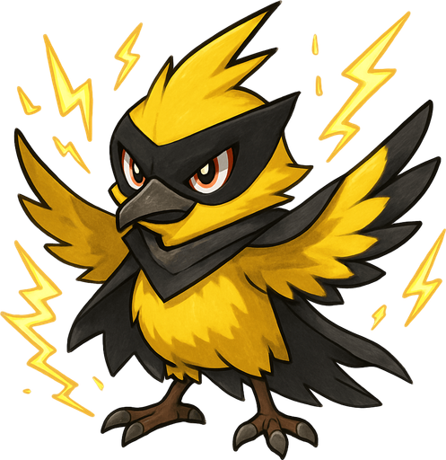 Um monstrinho do tipo elétrico inspirado em Pokémon e Digimon Classe Rpg aparência Bem-te-vi e Zorro