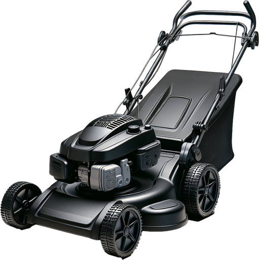 Black lawnmower.
Single Game Texture.  In-Game asset.  2d.  Blank background.  High contrast.  No shadows