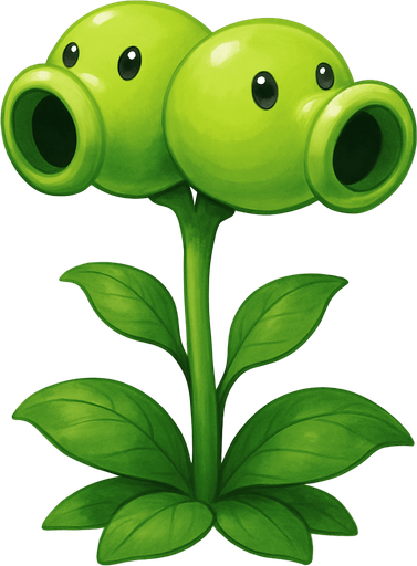 Forma general: Es una planta con un tallo central del que brotan hojas y, en la parte superior, tiene dos "cabezas" o vainas de guisante.

Color: Predomina un color verde claro brillante en todo el cuerpo de la planta, con algunas sombras que le dan volumen y realismo. Las hojas y el tallo son de un verde ligeramente más oscuro.

Cabezas/Vainas: Tiene dos vainas de guisante esféricas unidas, dispuestas una al lado de la otra. Cada una de ellas actúa como un cañón:

Orificios de disparo: Ambas vainas tienen una abertura frontal redonda y oscura, que es por donde disparan los guisantes.

Ojos: Cada vaina tiene dos pequeños ojos oscuros, similares a cuentas, que le dan una expresión curiosa o atenta.

Hojas: En la base de las vainas y a lo largo del tallo, hay varias hojas grandes y ovaladas de color verde oscuro, con nervaduras visibles.

Estilo artístico: La imagen tiene un estilo más renderizado y detallado que las ilustraciones típicas del juego, con un sombreado suave que le da una a.
In-Game asset.  2d.  High contrast.  No shadows