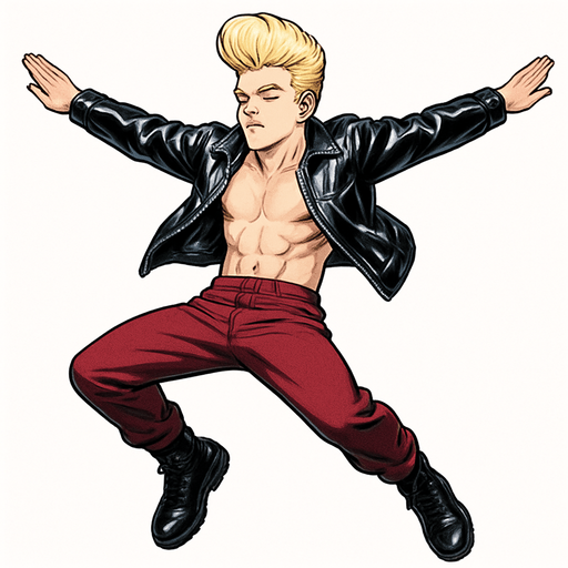 Swishy graceful man Cyberpunk manga, flying skydiving arms and legs flat straight face up, shiny black leather biker jacket longsleeves shirtless Skinny abs blonde pompadour guy, action shot wine red joggers combat boots, Background removed, "Full-body character, entirely in frame, no cropping of face, head, or feet" "Complete character visible, from head to toe, fully centered in the image" "Entire character, including face and boots, fully within the frame" Character fully contained within a square frame, no edges cut off fashion model pose