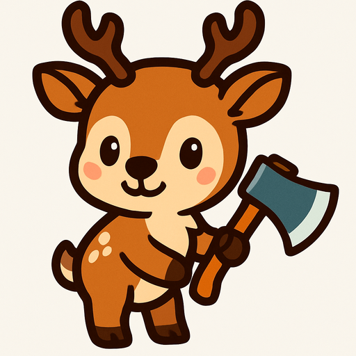 a cute dear with an axe.
In-Game asset.  2d.  High contrast.  No shadows