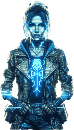 A hologram projection of a rebel secret agent bust, with a futuristic cyberpunk style. The agent is a confident woman in a rugged yet high-tech suit, adorned with subtle anarchist symbols and glowing blue accents. Her look conveys authority and high rank within an underground rebel group, with a determined and defiant expression as she gives hacking instructions to the player..
Single Game Texture. In-Game asset. 2d. Blank background. High contrast. No shadows.