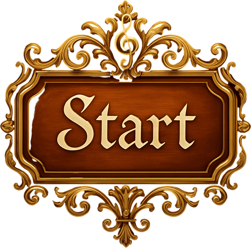 Crea un botón visual para la pantalla de inicio de un videojuego llamado Symphony Siege. El botón debe decir "Start" y estar inspirado en una sala de conciertos clásica y elementos musicales. El diseño debe tener un estilo elegante, ligeramente barroco o sinfónico, con detalles dorados y formas suaves. El texto "Start" debe estar centrado y ser legible, con una tipografía estilizada tipo partitura o manuscrito musical. El fondo del botón debe parecer una tecla de piano brillante o una placa de madera de violín. El contorno puede tener detalles dorados o bronces ornamentales. El botón debe emitir una sensación de majestuosidad y armonía, no modernidad ni minimalismo.
In-Game asset.  2d.  High contrast.  No shadows