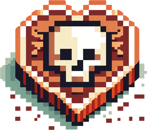 isometric doubloon copper coin icon featuring a skull. shaped like a heart. pirate themed. pixelated. 8 bit..
Single Game Texture. In-Game asset. 2d. Blank background. High contrast. No shadows.