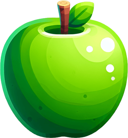 green apple.
Single Game Texture. In-Game asset. 2d. Blank background. High contrast. No shadows.