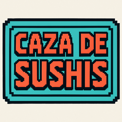 Letrero rectangular pequeño que diga "caza de sushis".
In-Game asset.  2d.  High contrast.  No shadows