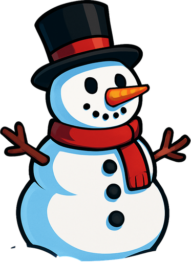 a cartoon style 3d image of a snowman in a field with pine trees in the background. no people..
In-Game asset.  2d.  High contrast.  No shadows