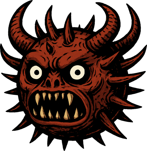 un demonio bola grande 2d y semi realista con muchos cuernos y que sus ojos sean negros con pupilas blancas.
In-Game asset.  2d.  High contrast.  No shadows