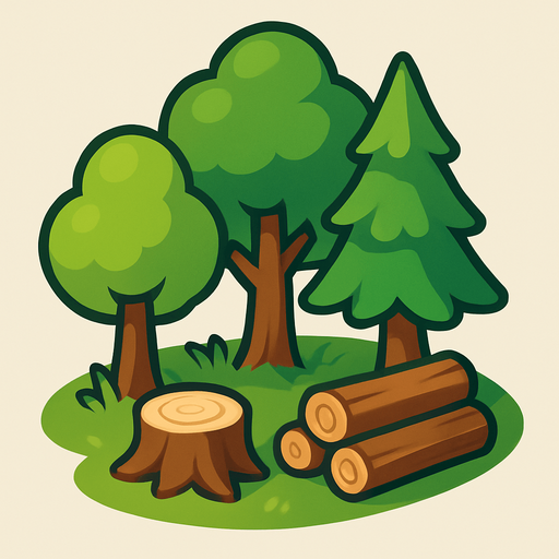 Crea un nodo de recurso de Bosque de Madera en un estilo 2D renderizado, limpio y cartoonish, con contornos claros y definidos, colores vibrantes con transiciones suaves, y sombreado que dé volumen. Debe ser fácilmente reconocible como una fuente de madera.

Estructura Principal: Un pequeño grupo de árboles estilizados de diferentes alturas y formas. Los troncos deben ser marrones y las copas verdes (variedad de tonos de verde).

Suelo: Un poco de hierba verde alrededor de las bases de los árboles.

Recursos Visibles: Debería haber algunos troncos cortados o pilas de madera pequeñas cerca de los árboles para indicar que es una fuente activa de madera.

Claridad: Debe haber suficiente espacio entre los elementos para que los trabajadores puedan interactuar con ellos visualmente.

Dimensiones Sugeridas: Similar a los otros nodos de recursos (64x64 o 96x96 píxeles)..
In-Game asset.  2d.  High contrast.  No shadows