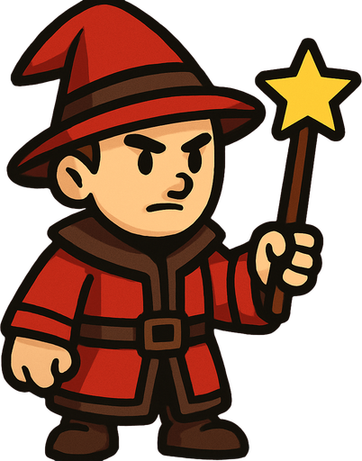 Mago con sombrero rojo y marrón sin barba con varita con estrella, de cuerpo entero.
In-Game asset.  2d.  High contrast.  No shadows