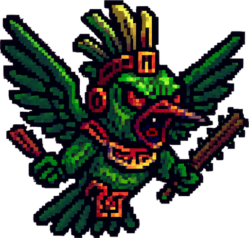 Genérame una olibrí Esmeralda Andina guerrero azteca con eso patrones, estilo pixelar, con una apariencia maligna, ojos rojos, rabioso. Unidad aerea con alas. Animal.
In-Game asset.  2d.  High contrast.  No shadows