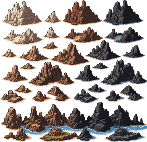 Stone islands of worlds imagination, background, mixed theme, stones_light stones_dark stones_brown stones, mountains..
Single Game Texture. In-Game asset. 2d. Blank background. High contrast. No shadows.