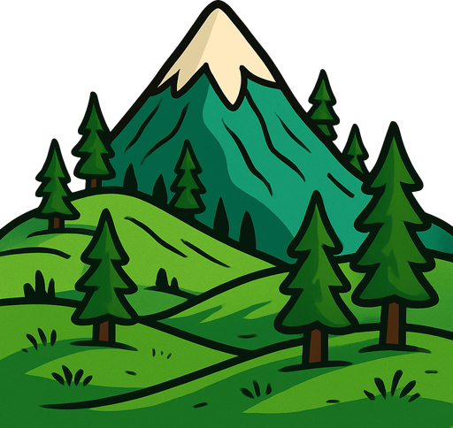 ağaçlı, çimenli dağ..
In-Game asset.  2d.  High contrast.  No shadows