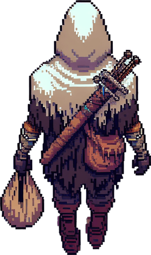 Directly overhead, plumb view of a beggar heading top (we see his back)..
Zenith view, directly overhead, plumb view. NOT PERSPECTIVE! Fantasy theme. Pixel art