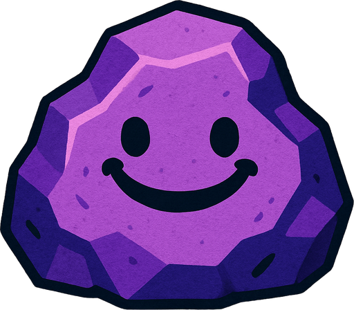 Genera una imagen de una roca morada sonriente.
In-Game asset.  2d.  High contrast.  No shadows