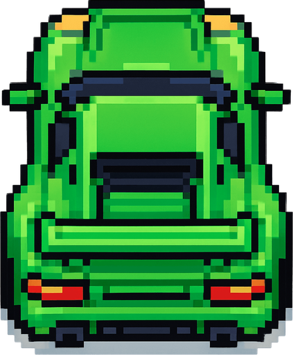 un auto verde deportivo con perspectiva desde arriba hecho con pixeles.
In-Game asset.  2d.  High contrast.  No shadows con perspectiva trasera
